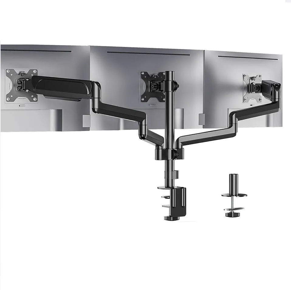 Black aluminium three-arm gas spring computer monitor mounting arm for 13-27 inch screens