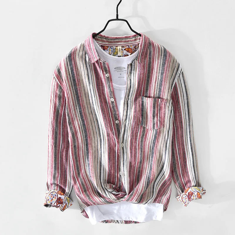 Men's loose fit linen striped shirt with long sleeves in red or grey colour options.