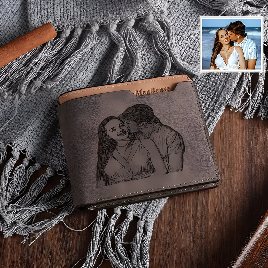 Coffee brown engraved horizontal short wallet showing personalisation service and compact 120mm dimensions