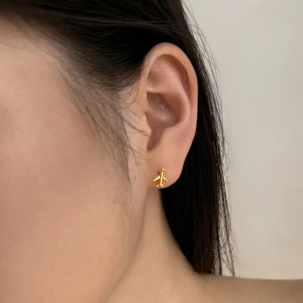 Pair of S925 sterling silver stud earrings with aircraft motif, platinum electroplated finish