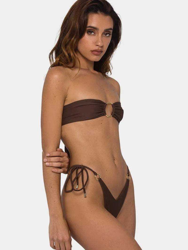Brown women's tube top push up bikini swimsuit with ring tether detailing and sleeveless design