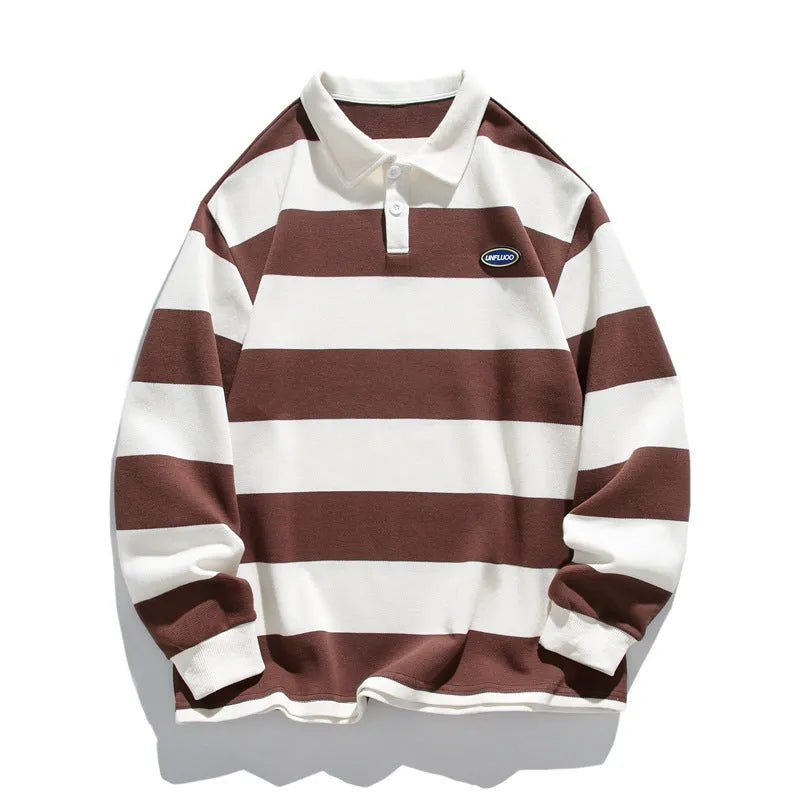 Striped Hong Kong style pearl cotton polo shirt with collar in loose fit autumn design