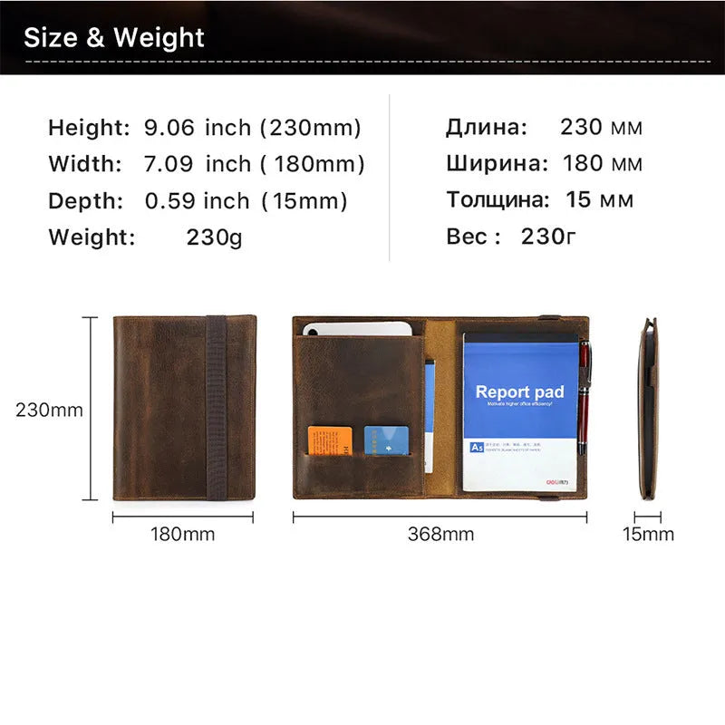 Brown Crazy Horse leather A5 notebook protective sleeve with square shape and socket-style design