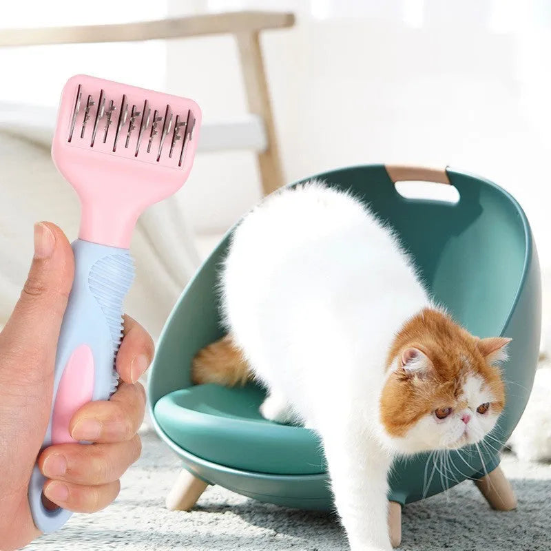 Pink and purple pet grooming comb with stainless steel knot knife and massage brush tips, shown with dimensions.