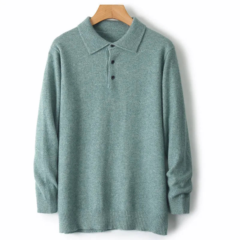 Men's grey woolen pullover sweater with a polo collar and long sleeves laid flat.
