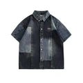 Blue Japanese-style men's denim shirt with retro washed stitching and loose cardigan fit.