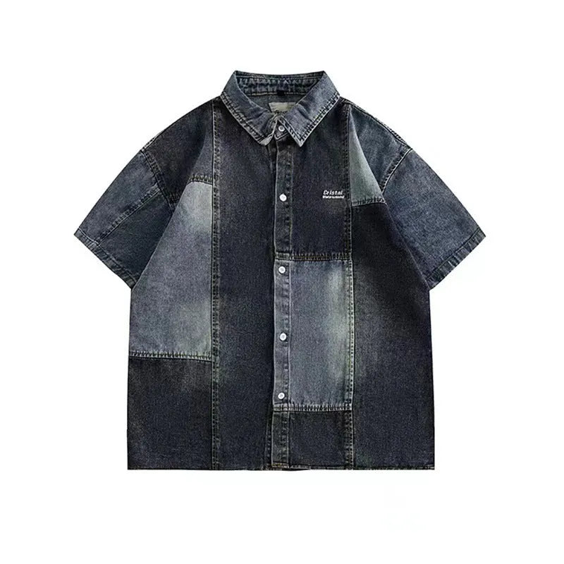 Blue Japanese-style men's denim shirt with retro washed stitching and loose cardigan fit.