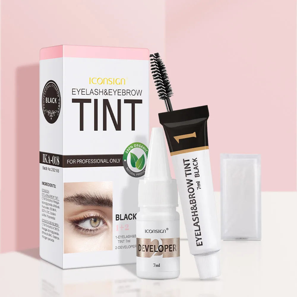 ICONSIGN eyelash and eyebrow dye tint kit with black coffee brown colour options and tools on white background