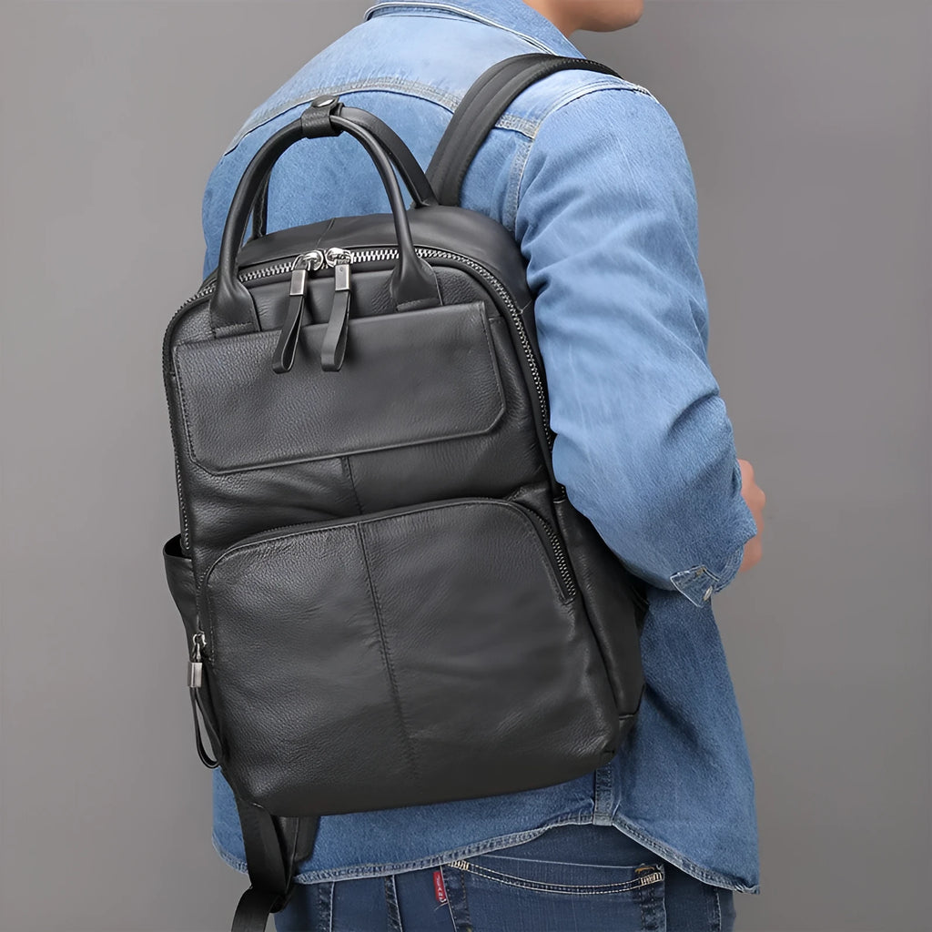 Genuine leather retro backpack in brown with visible sewing thread, waterproof and wear-resistant for daily use