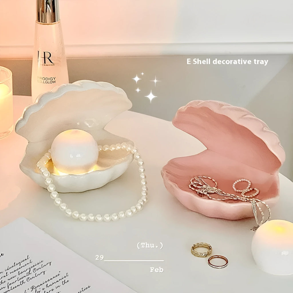 White porcelain tray with optional small night lamp in yellow colour with pink shell