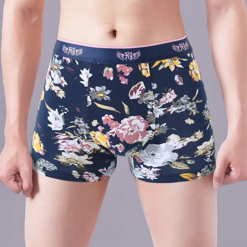 Men's purified cotton boxer briefs with U-shaped design and floral prints in sizes 3XL to 10XL