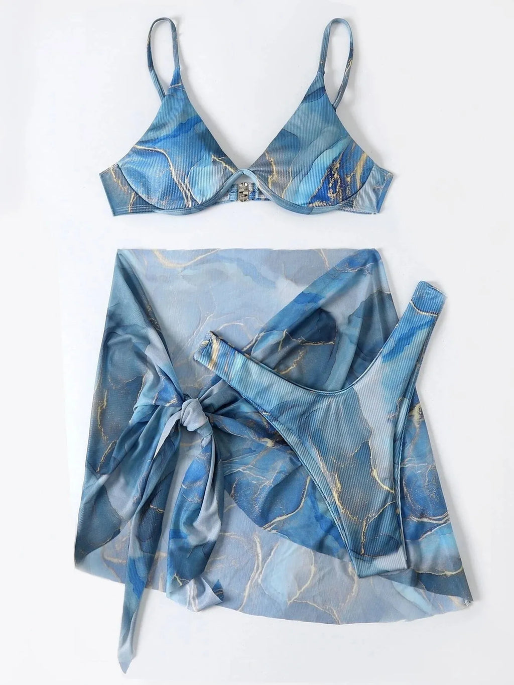 Marble print three-piece bikini swimwear set showing bra, skirt, and panties in a chosen colour.