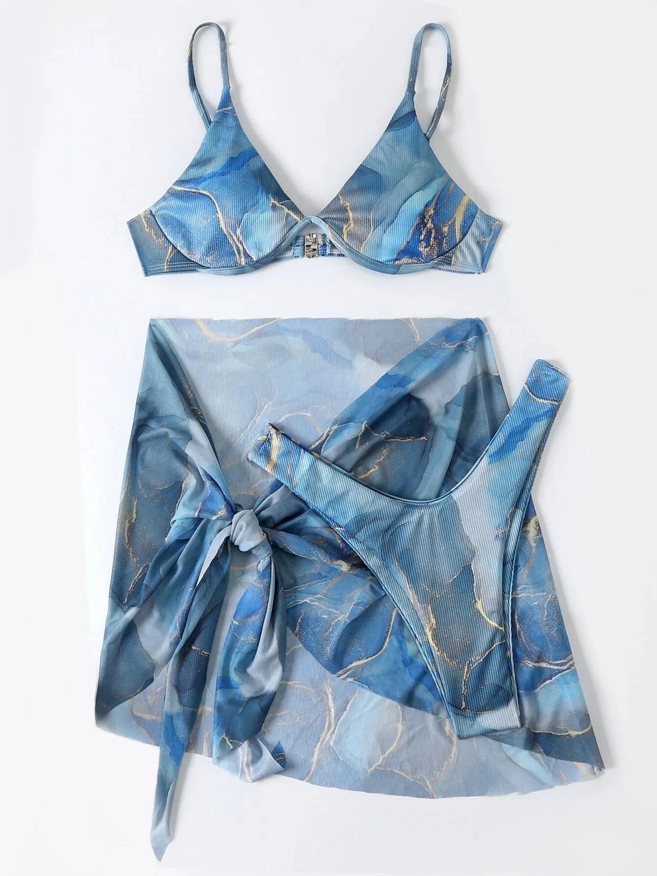 Marble print three-piece bikini swimwear set showing bra, skirt, and panties in a chosen colour.