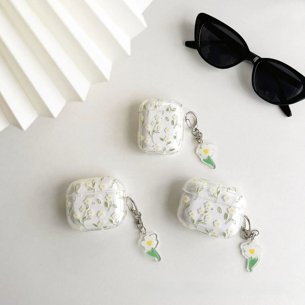 White floral patterned transparent TPU protective cover for Apple AirPods showing compatibility with multiple models