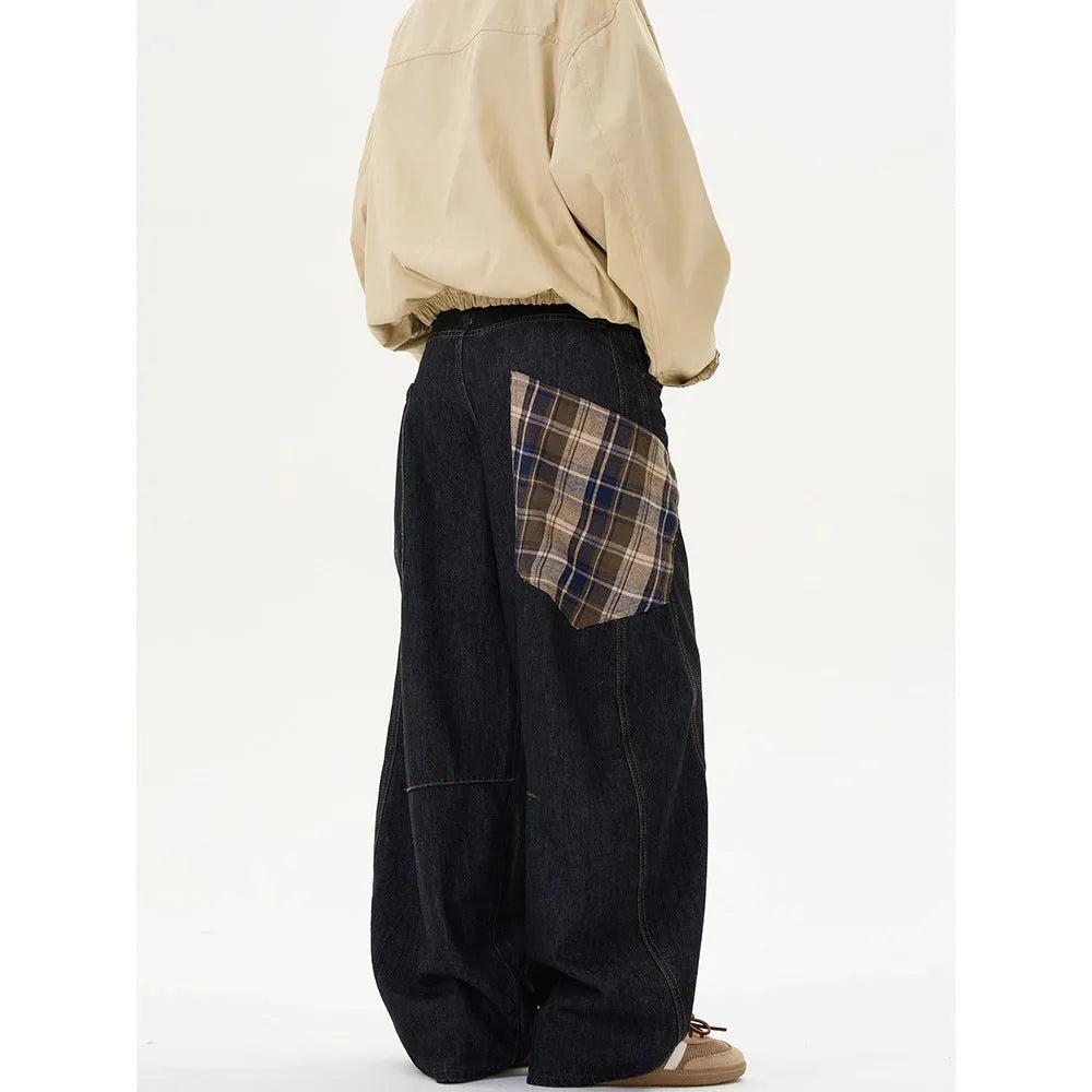 Loose retro casual pants in coffee plaid with mid-waist straight-leg fit, cotton blend material