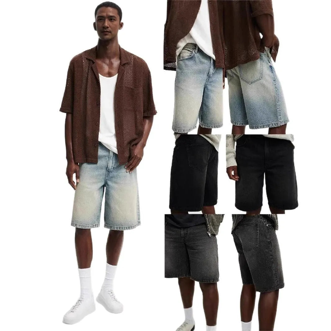 Man wearing loose fit light blue straight-leg denim jeans, a casual street style summer outfit.