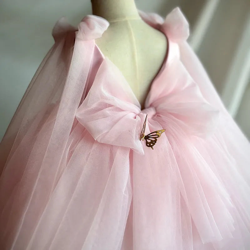 Children's mesh sleeveless vest host dress in pink with animal and flower pattern, princess style, cotton lining