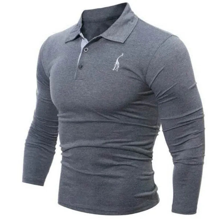 Men's long sleeve polo shirt in dark blue with embroidered deer and digital print, loose fit