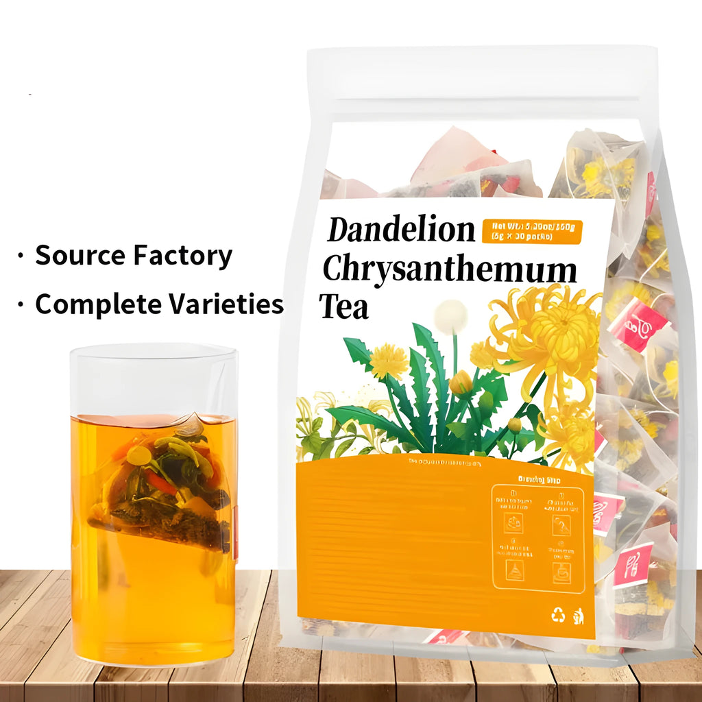 Dandelion Chrysanthemum Tea herbal blend in tea bag, natural botanical ingredients