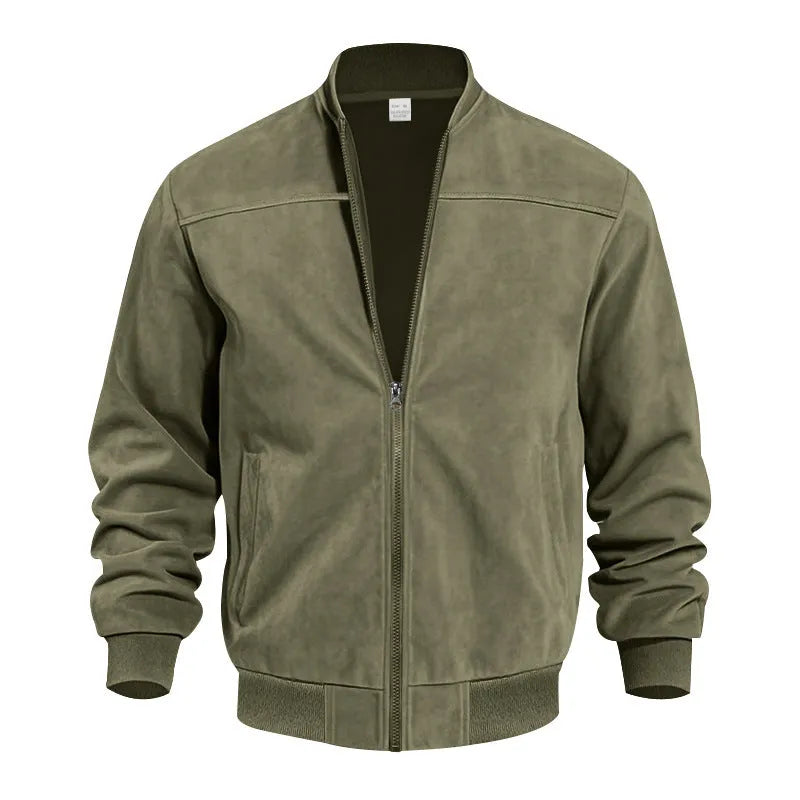 Men's plus size suede texture zip-up casual jacket in army green colour