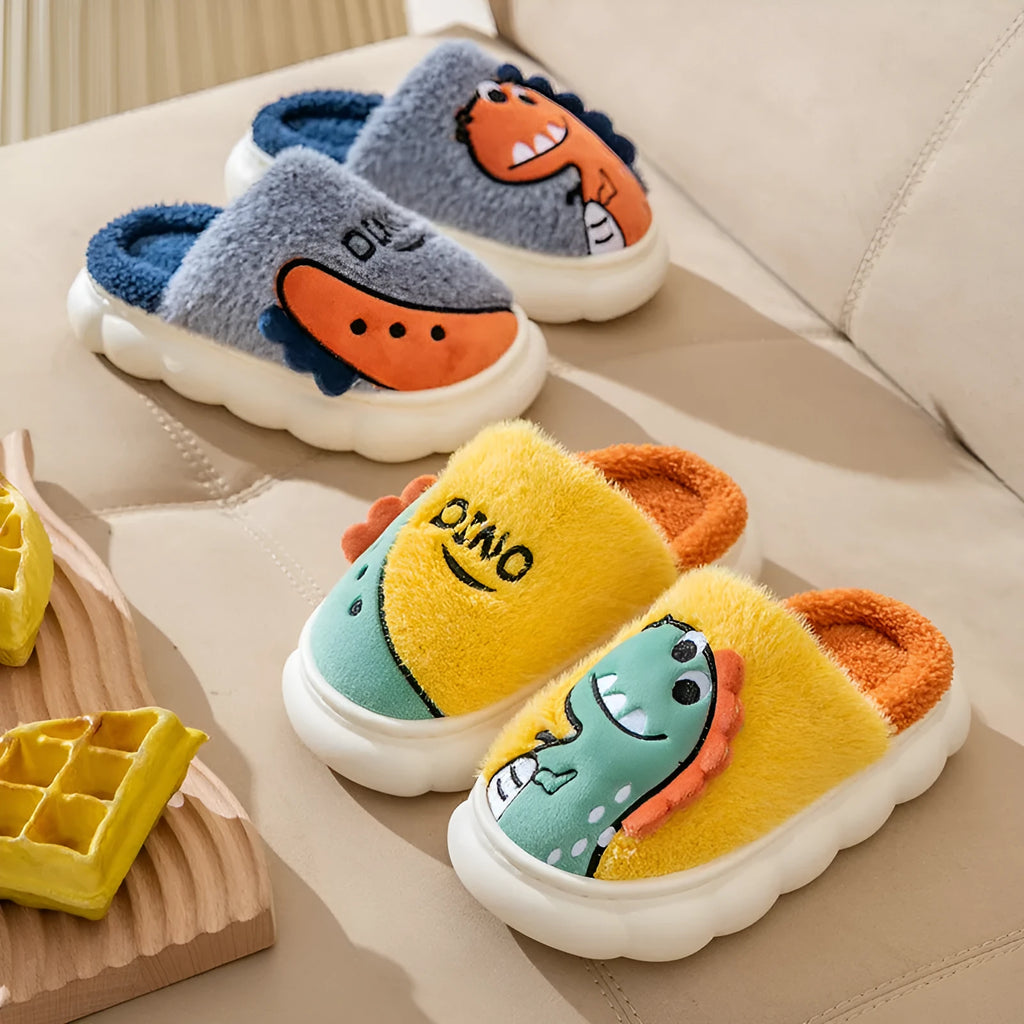 Plush cotton indoor couple slippers with thickened soles in dinosaur designs showing colour options