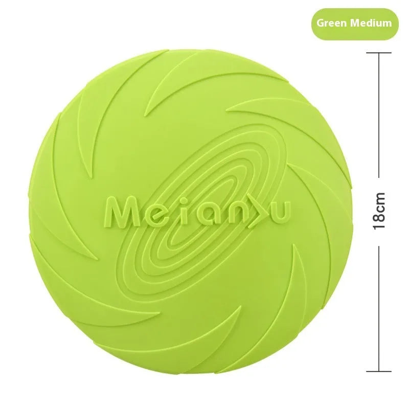 Soft rubber dog flying disc toy in blue, green and red colours showing small, medium and large size options