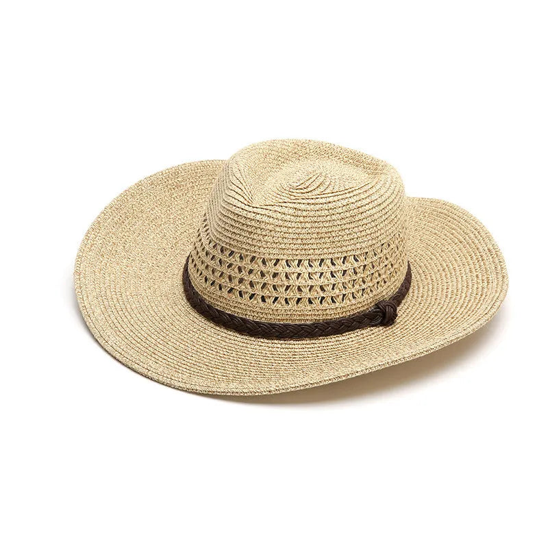 Men's foldable straw sun hat with big brim in mixed beige colour showing three size options