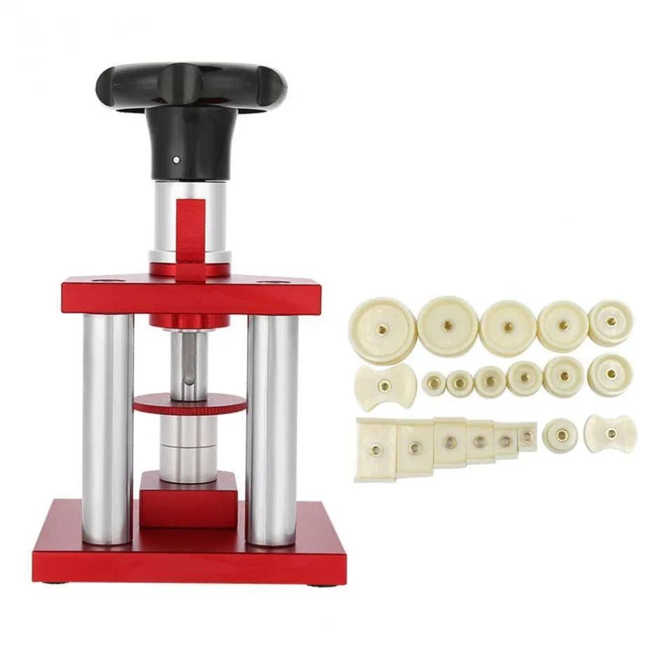 Watch back cover presser repair tool with set of twenty plastic moulds for DIY watch maintenance