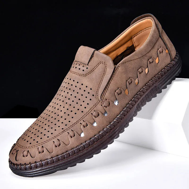 Men's brown slip-on casual shoes with round toe, low-top design, and visible sewn sole