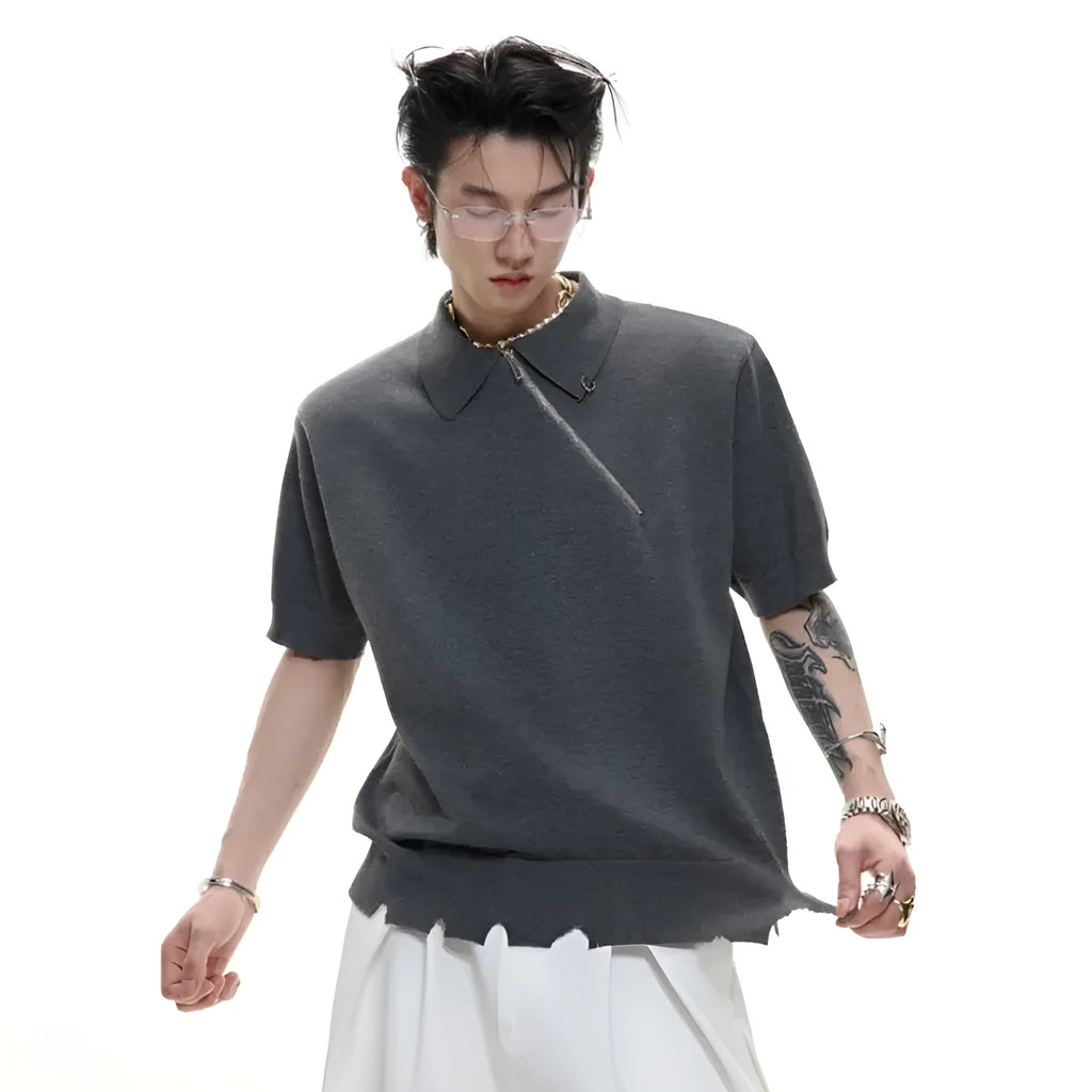 Men's slim fit knitted polo shirt with oblique zipper detail in ice-feeling polyester fabric