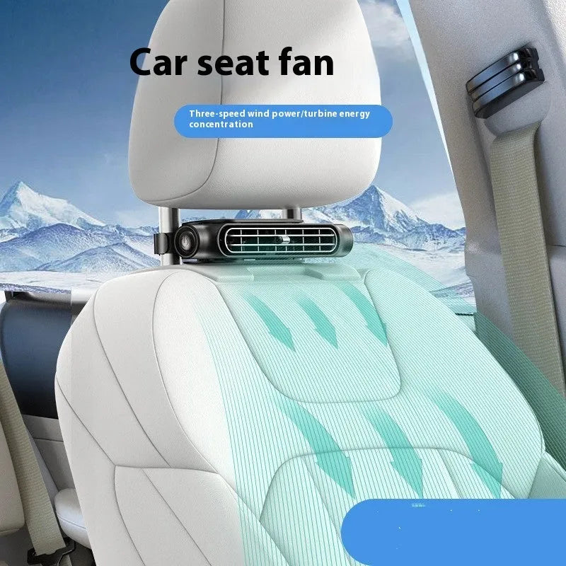 USB car seat fan with brushless motor mounted on car headrest using Velcro strips