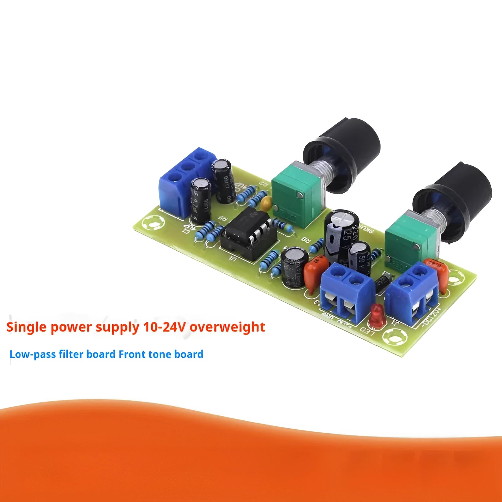 Front stage audio board with components on green FR-4 PCB measuring 78x32mm with mounting holes