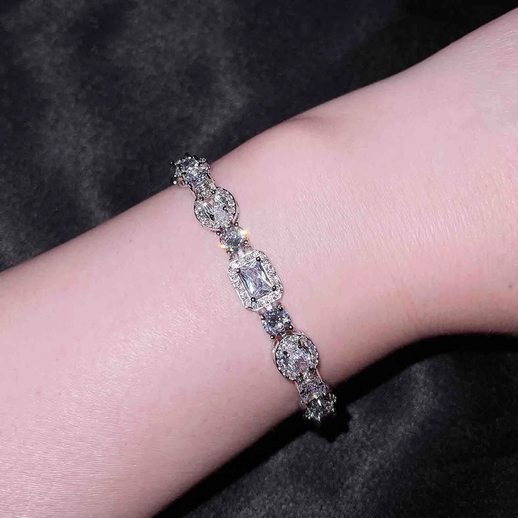 Women's geometric bracelet with silver and white gold plating featuring zircon stones