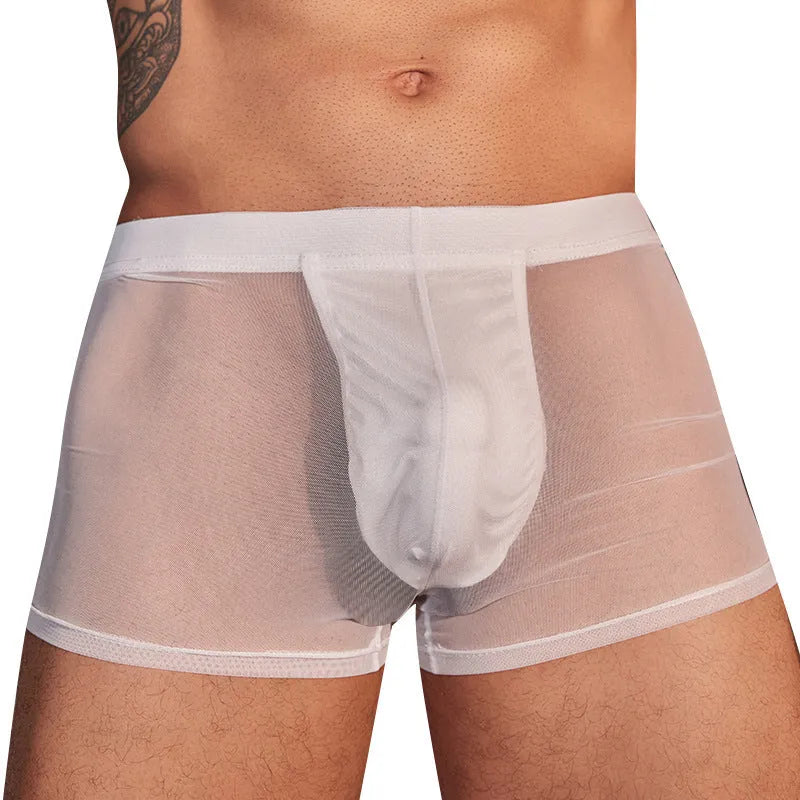 Men's black and white ultra-thin nylon boxer briefs laid flat, showing free size label.