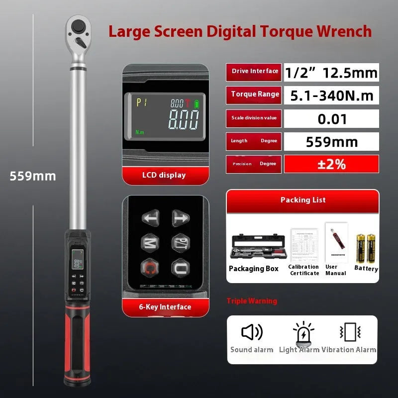 Electronic digital torque wrench with LCD display showing torque reading.
