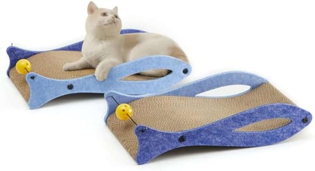 Blue fish-shaped cardboard cat scratcher lounge with wavy design and hanging bell ball toys