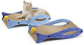 Blue fish-shaped cardboard cat scratcher lounge with wavy design and hanging bell ball toys