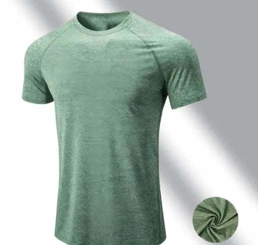 Men's cationic polyester quick-drying short sleeve running t-shirt in green, gray, black, and pink colors