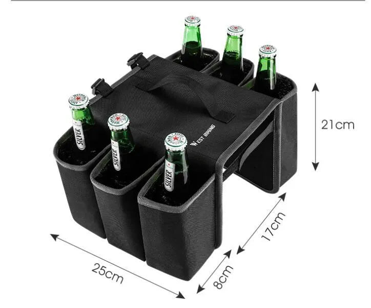 Black bicycle drink storage bag with anti-scratch shelf attached to bike frame