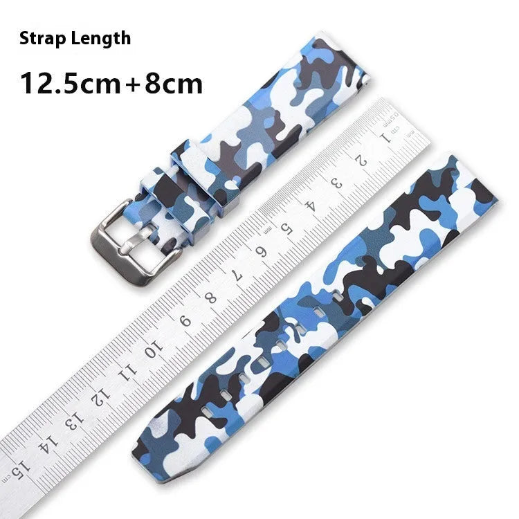 Camouflage pattern silicone watch strap with universal flat head in blue, grey, and green