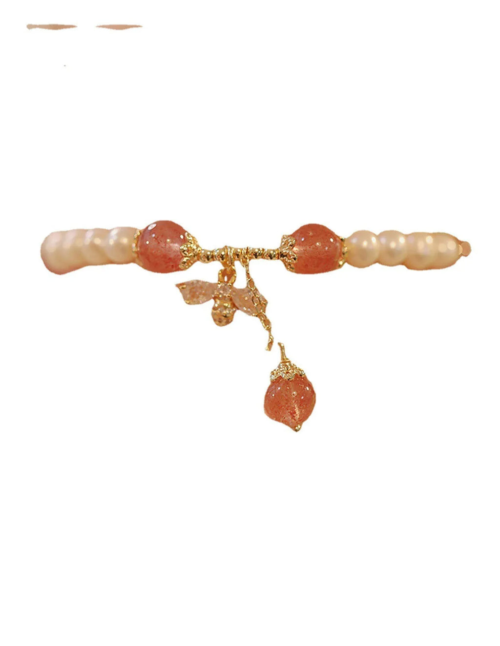 Women's hand-made strawberry quartz crystal bracelet with stringed pearls and bow detail