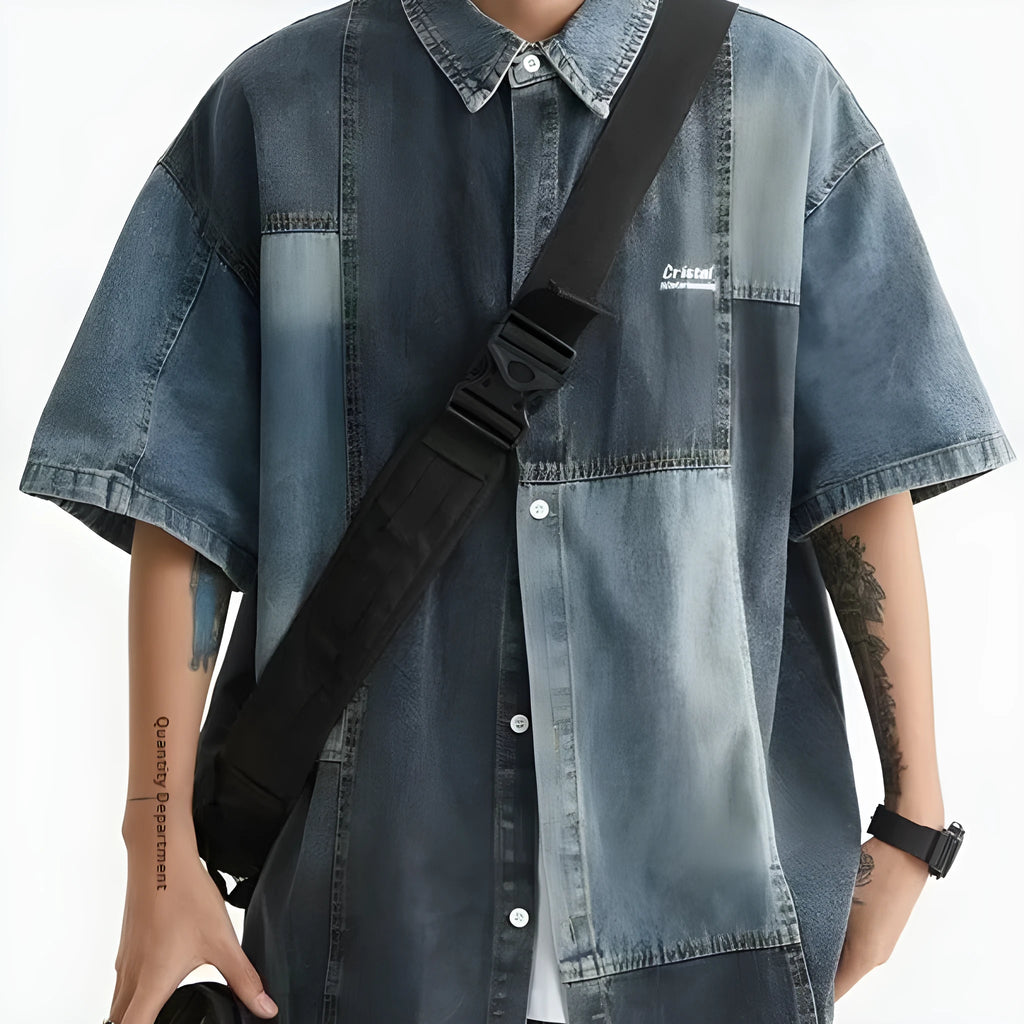Blue Japanese-style men's denim shirt with retro washed stitching and loose cardigan fit.