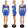 Women's black hollow-out net two-piece dress set with sleeveless top and matching short skirt