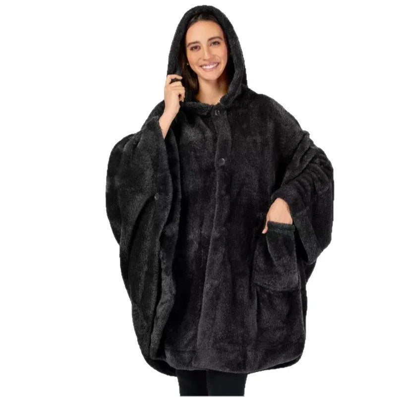 Thickened polyester hooded bathrobe in black, shown on a hanger