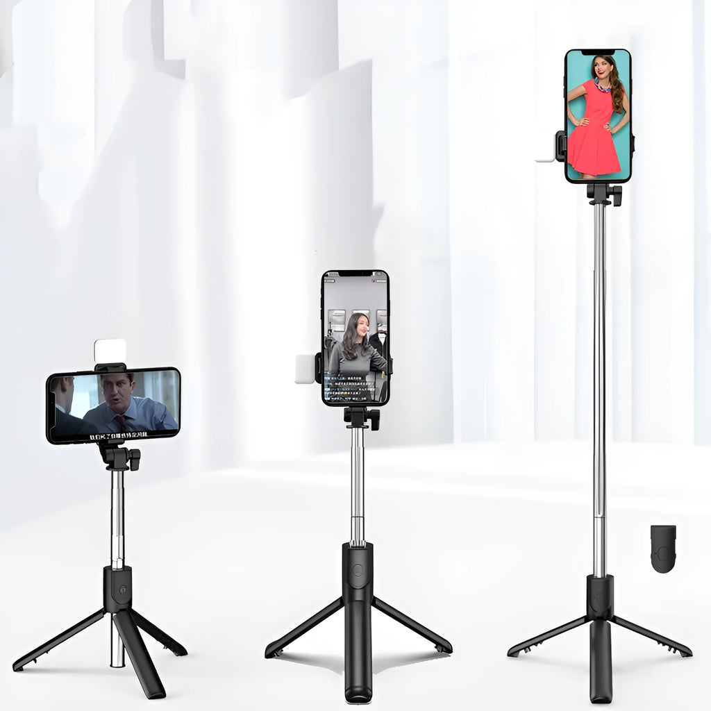Aluminium alloy Bluetooth selfie stick and tripod with phone holder, shown in black colour.