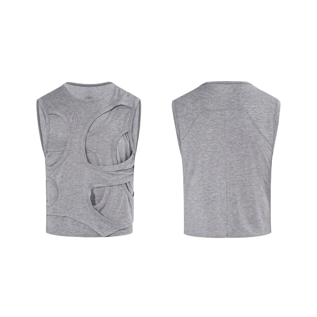Man wearing a solid grey lyocell sleeveless vest with a round neckline.