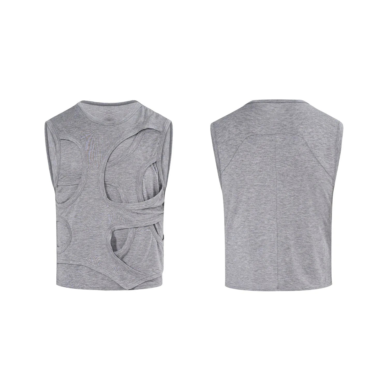 Man wearing a solid grey lyocell sleeveless vest with a round neckline.