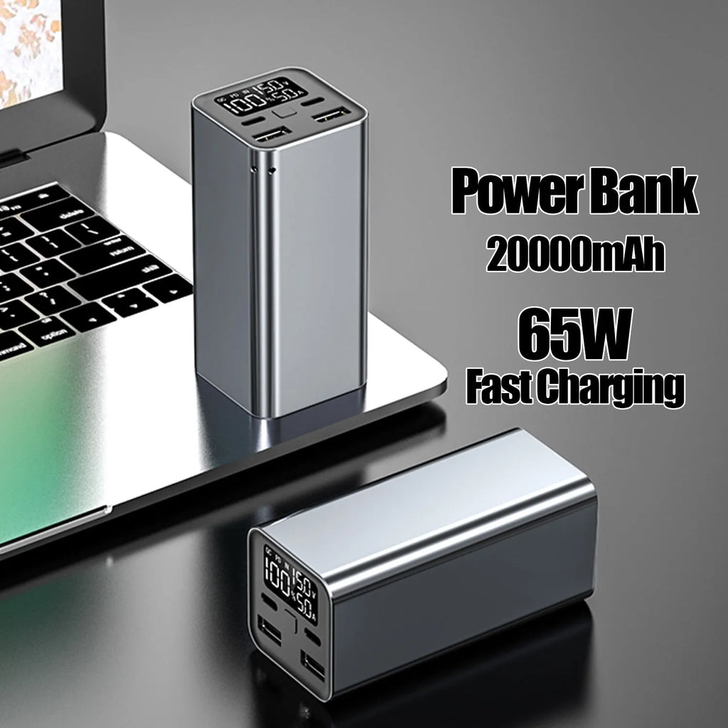 65W laptop power bank with metal casing in black, blue, or grey colours showing compact dimensions