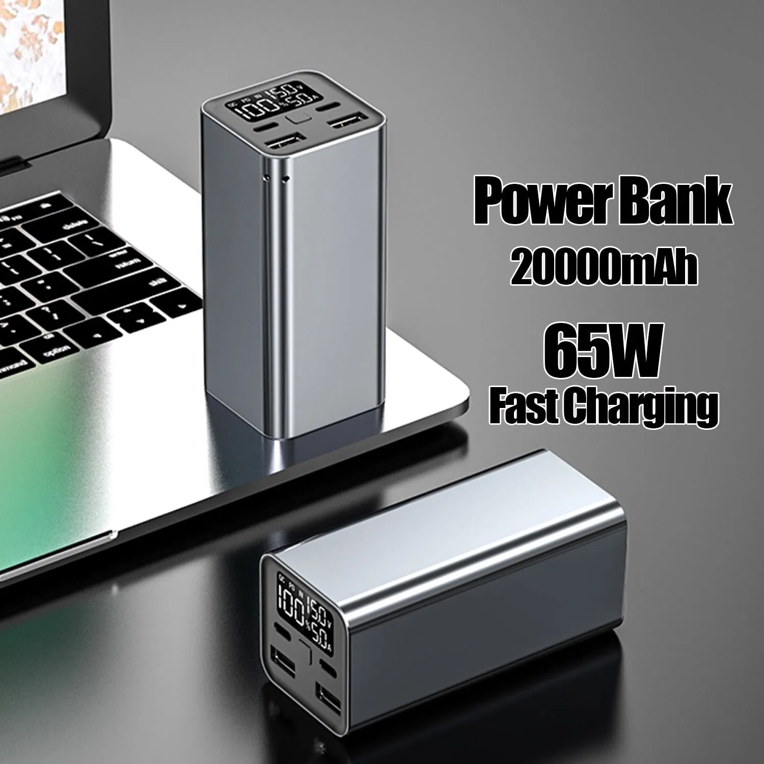 65W laptop power bank with metal casing in black, blue, or grey colours showing compact dimensions