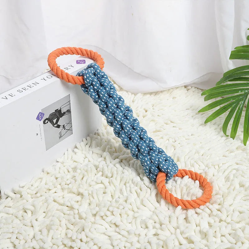 Blue double-ring cotton knot dog toy on white background, 37cm long